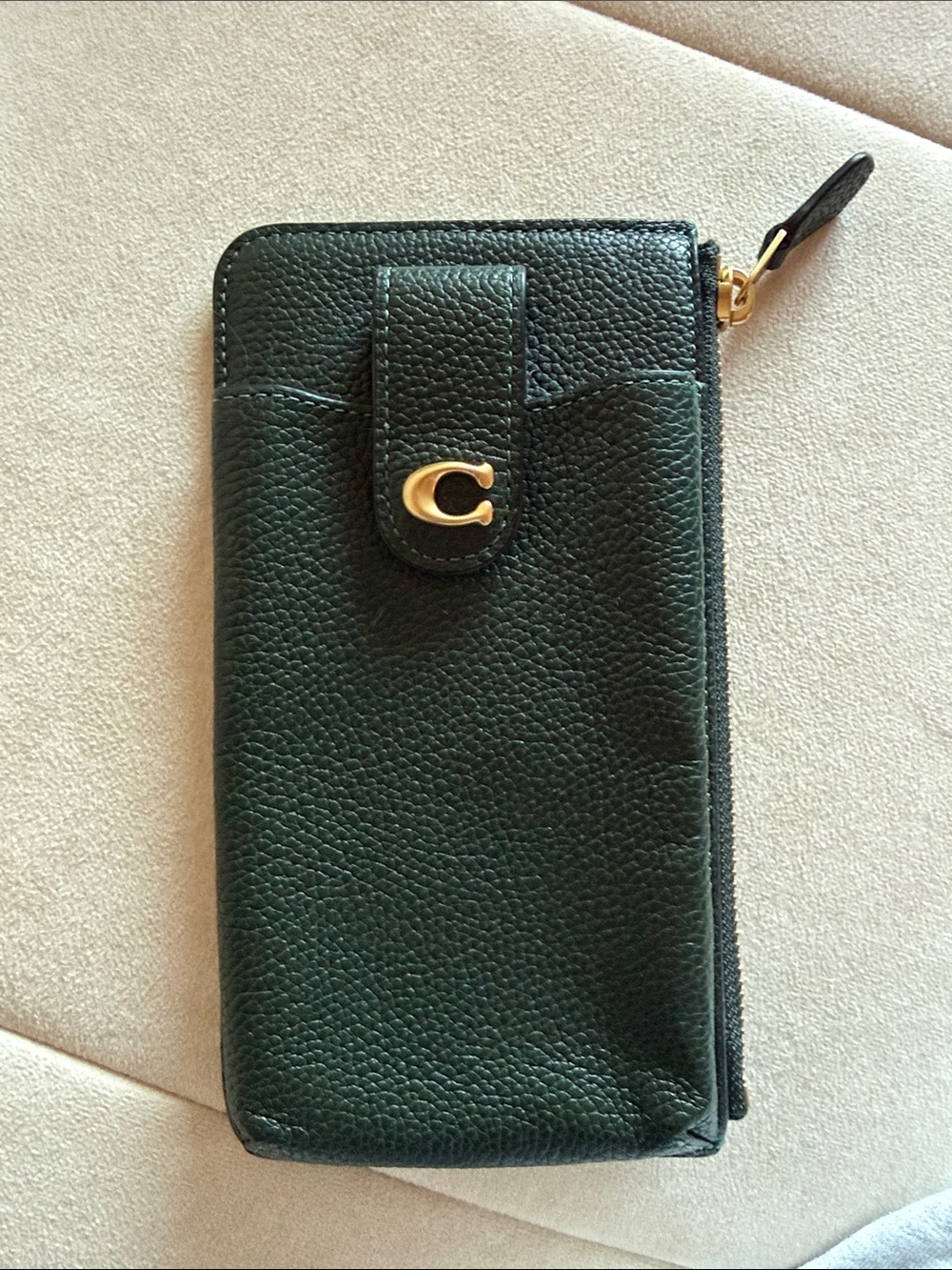 Coach Dark Green Pebbled Leather Zip Phone Wallet with Gold 'C'